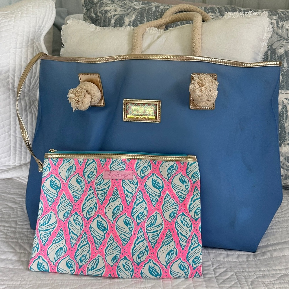 Blue and Gold Tote Bag with Pink and Blue Pouch
